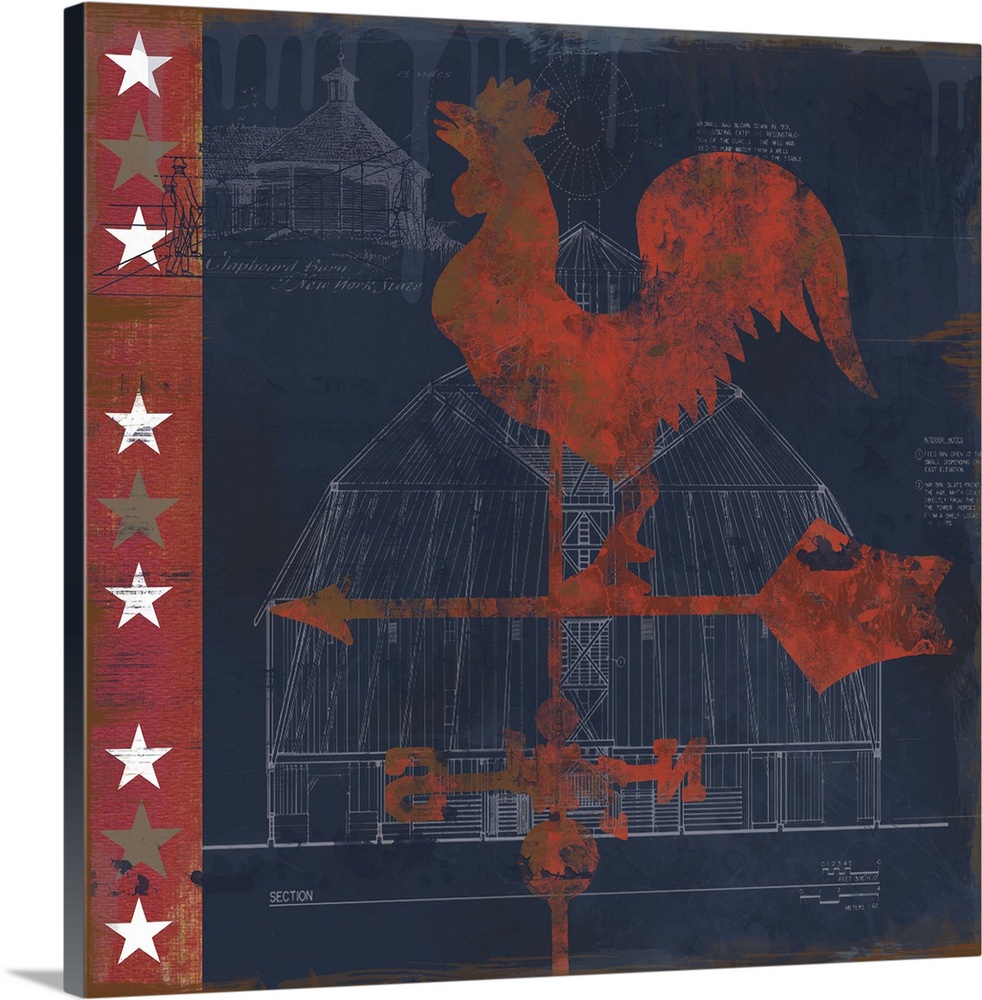 Square red, white, and blue folk art with a red rooster weather vane on top of a white sketch of a barn.