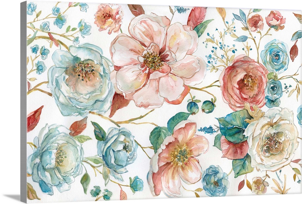 Large watercolor painting of flowers in pink and blue tones on a white background.