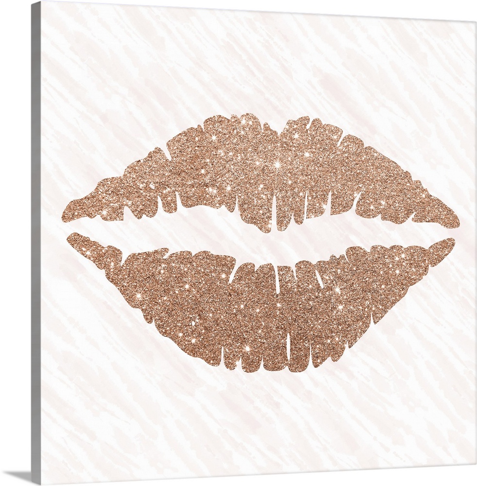 Sparkly pair of rose gold lips on a pale pink and white designed background.