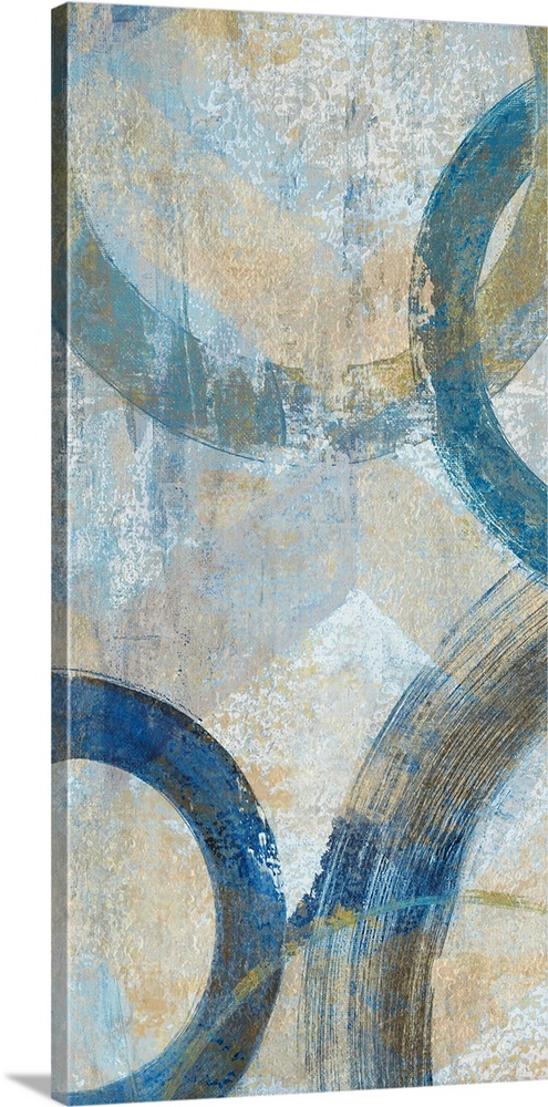 Abstract painting that has big blue circular outlines with hints of gold on a textured background.