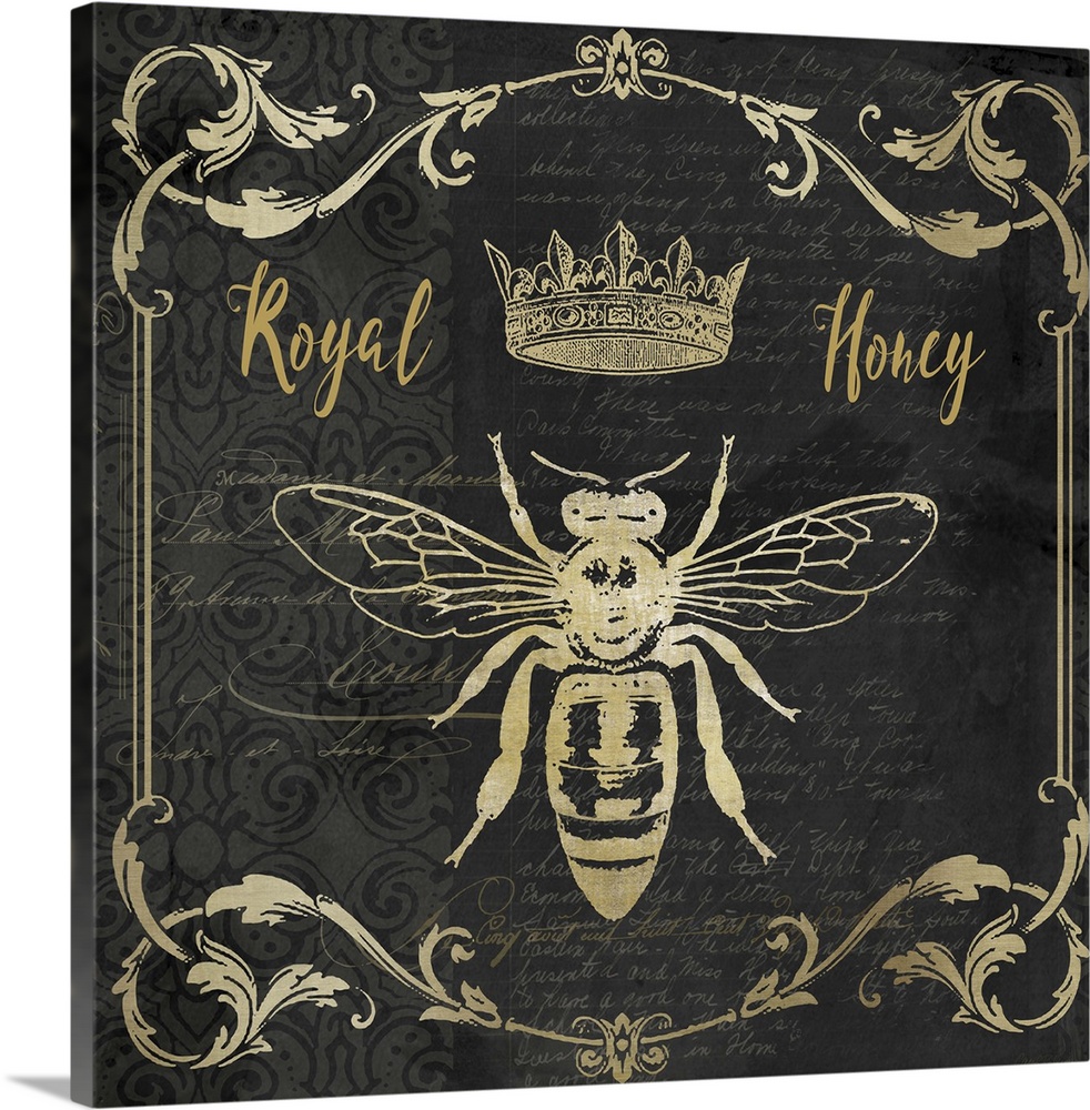 Vintage style sign featuring a bee and crown design with a frame of floral flourishes.