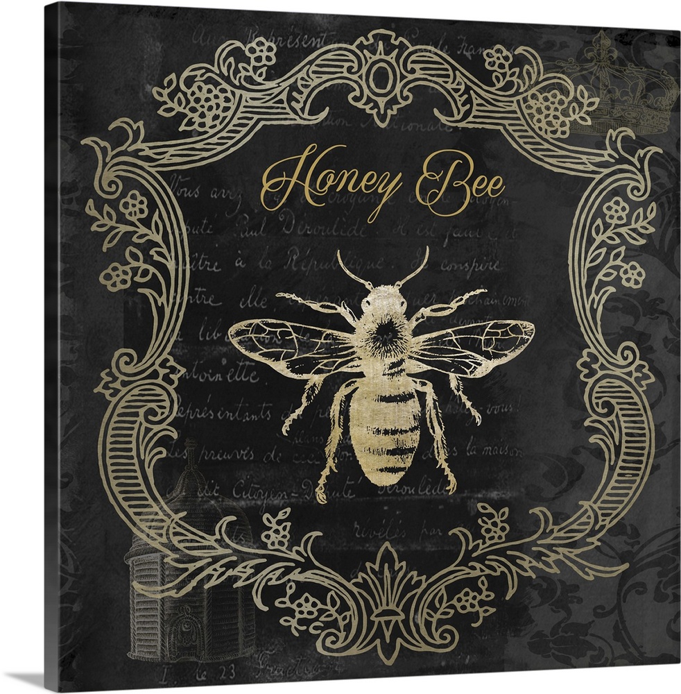 Vintage style sign featuring a bee design with a frame of floral flourishes.