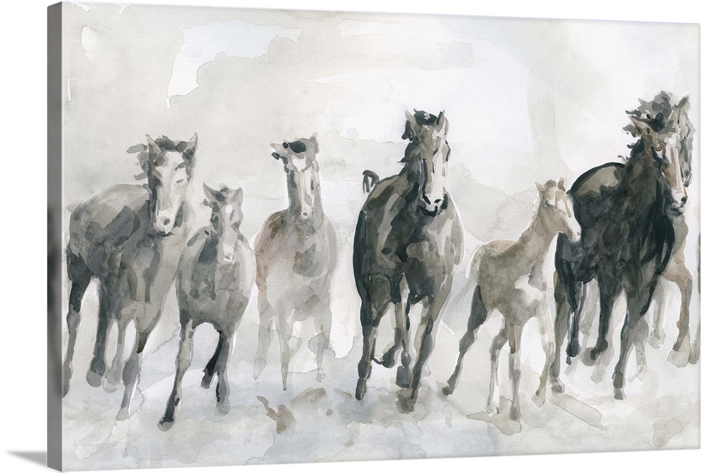 Watercolor painting of a pack of galloping horses in neutral tones with a hint of blue.