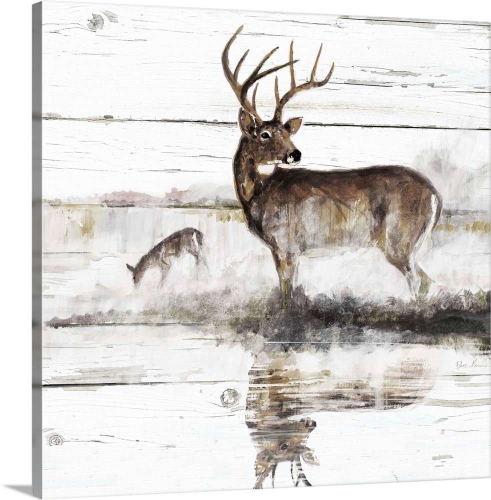 Square painting of a deer and a doe on a white distressed shiplap background.
