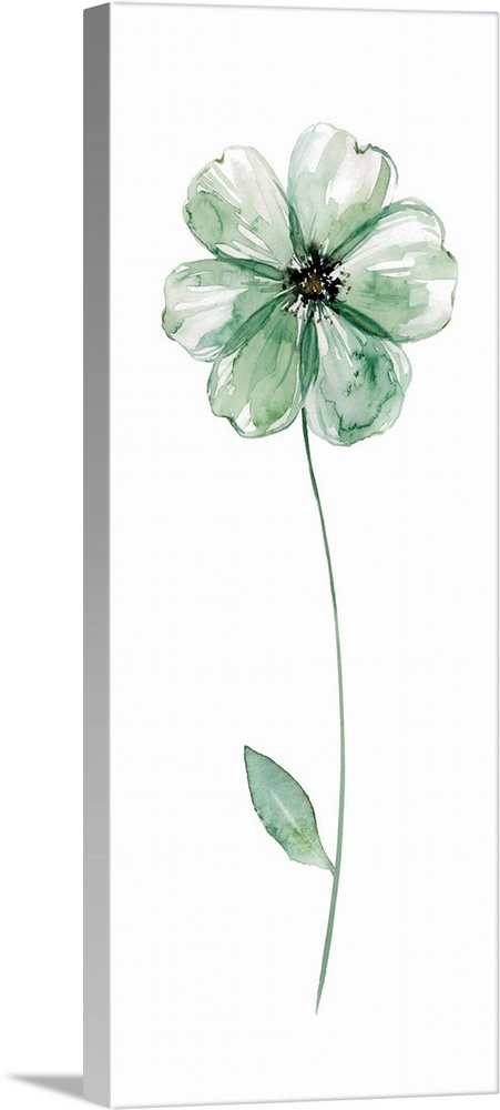 Tall watercolor painting of a green flower with a long stem on a solid white background.