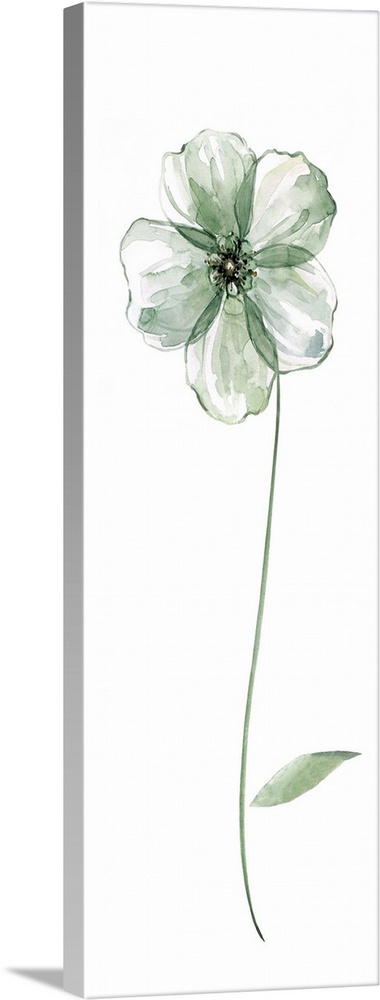Tall watercolor painting of a green flower with a long stem on a solid white background.