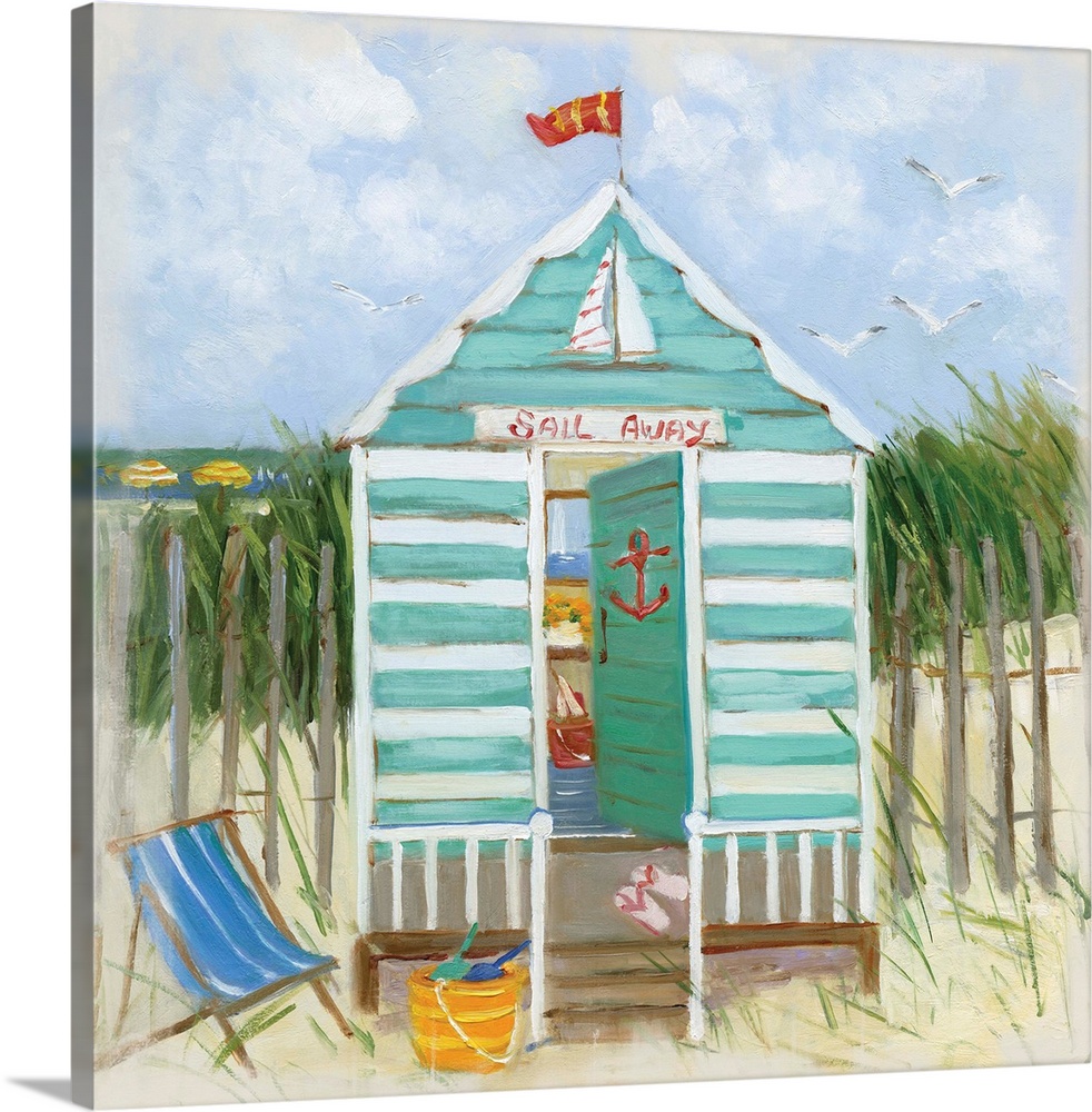 Square painting of a teal and white beach hut with the ocean in the distance.