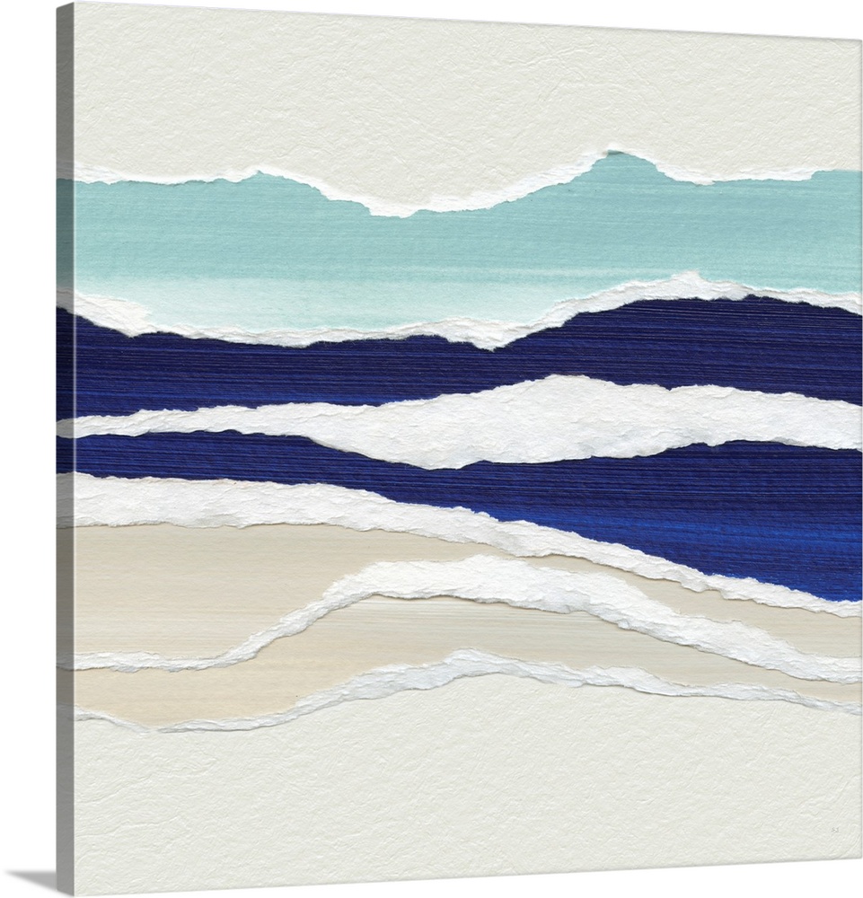 A mixed media piece featuring torn paper shapes in shades of blue, green and grey that represent waves rolling onto a sand...