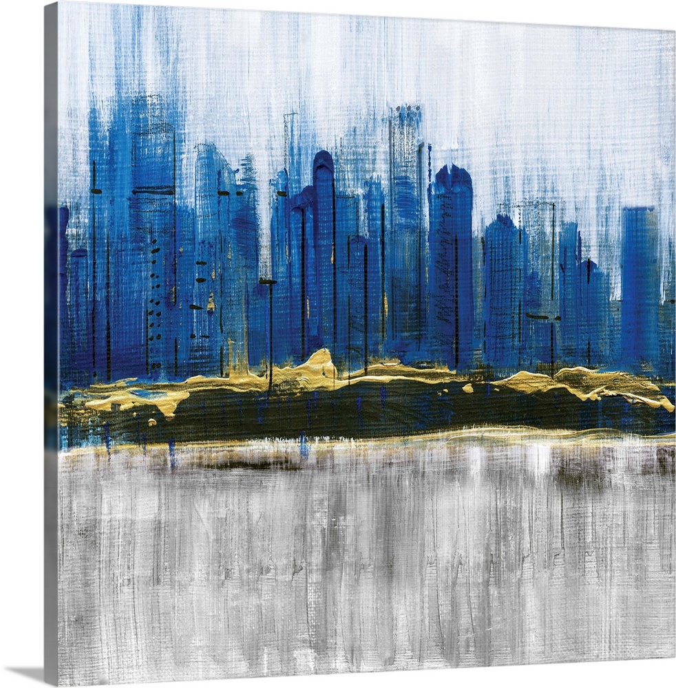 Square abstract painting of a city skyline in shades of blue with gold on a gray and white background.