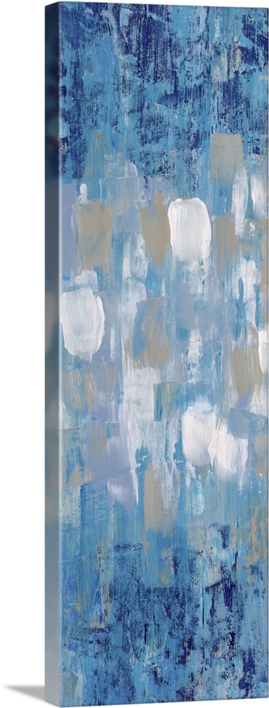 Contemporary abstract painting in blue with white and grey shapes in the center.