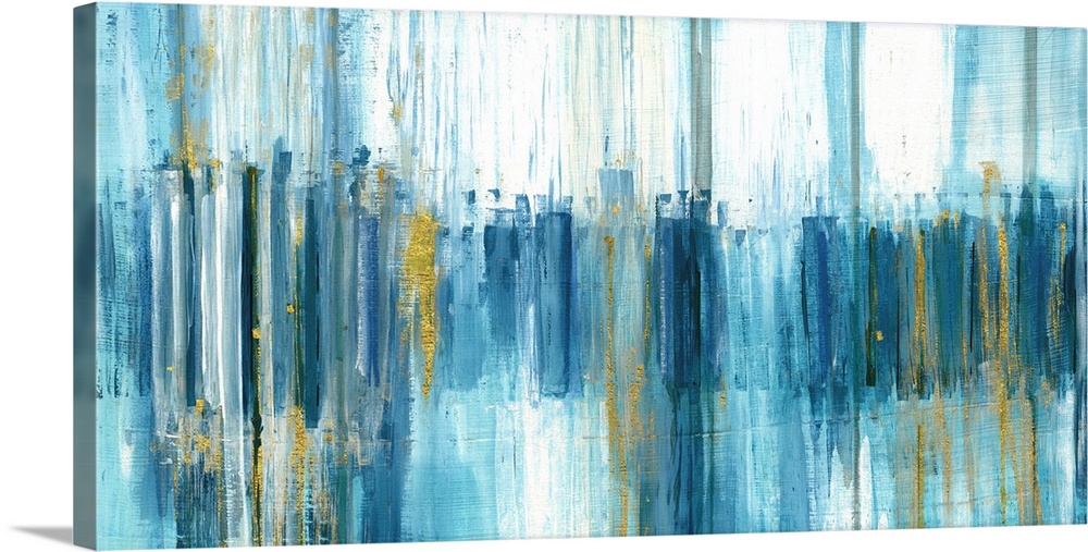 Large abstract painting with blue brushstrokes in shades of blue running vertically down the canvas with shorter, darker s...