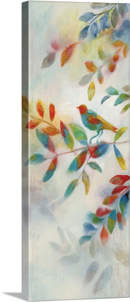 Tall painting of colorful branches and leaves with a bird perched in the middle.