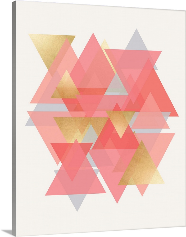 A vertical geometric design of a group of overlapping triangles in pink and gold.