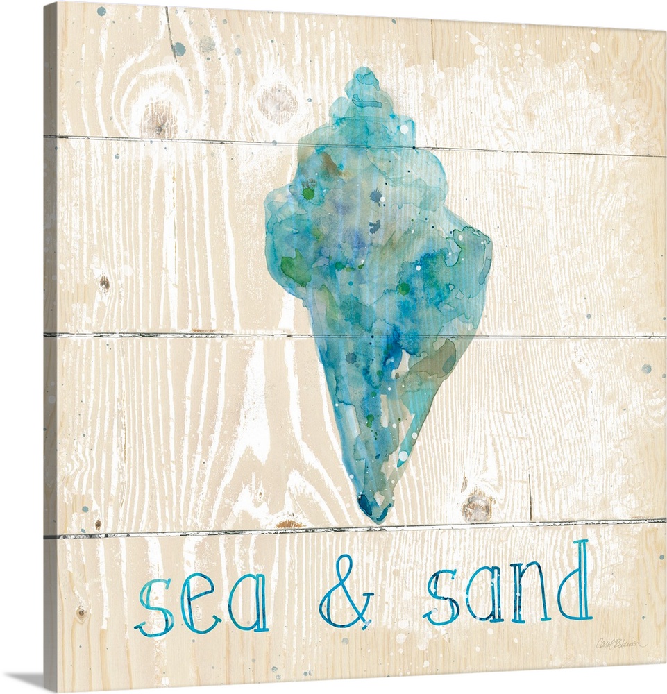 A beach themed watercolor on a wooden background.