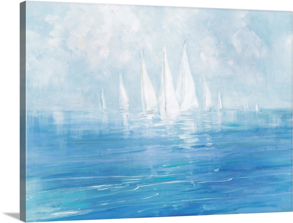 Distinguishable brush strokes of various blues and whites create this serene painting of sailboats on water.