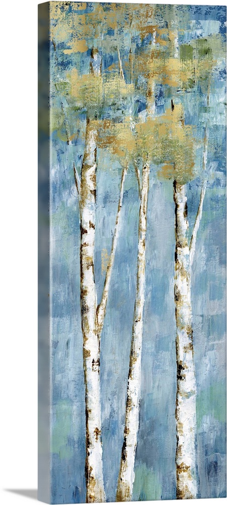 Tall panel painting of birch treed with metallic gold leaves and markings on a blue and green background.