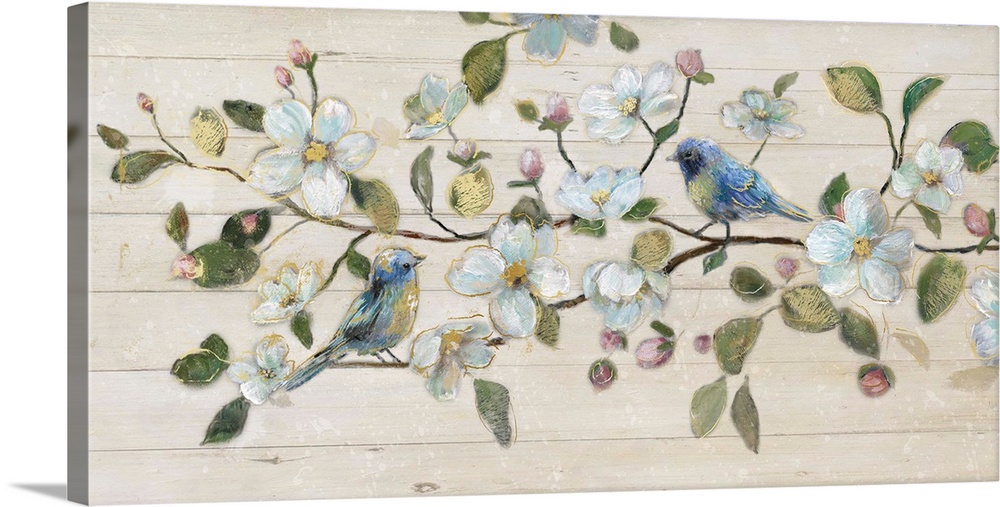 A painting of two birds sitting on a branch surrounded by white flowers on a shiplap background.