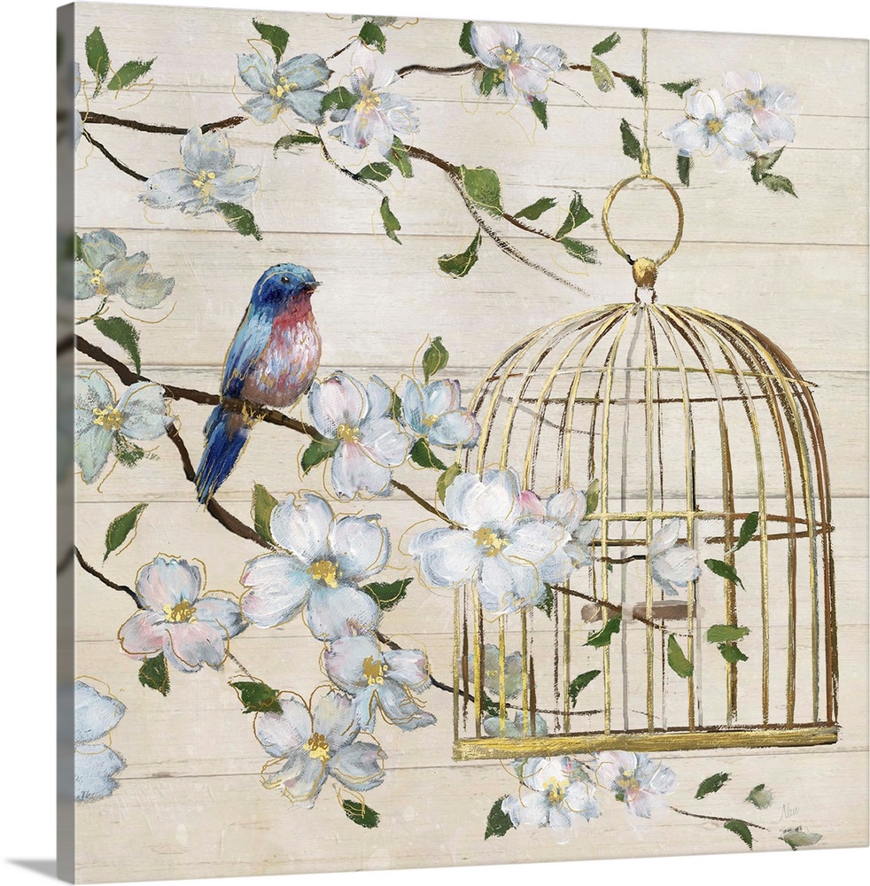 A painting of a birdcage hanging from a tree with a bird perched on a branch to the side, surrounded with white flowers on...