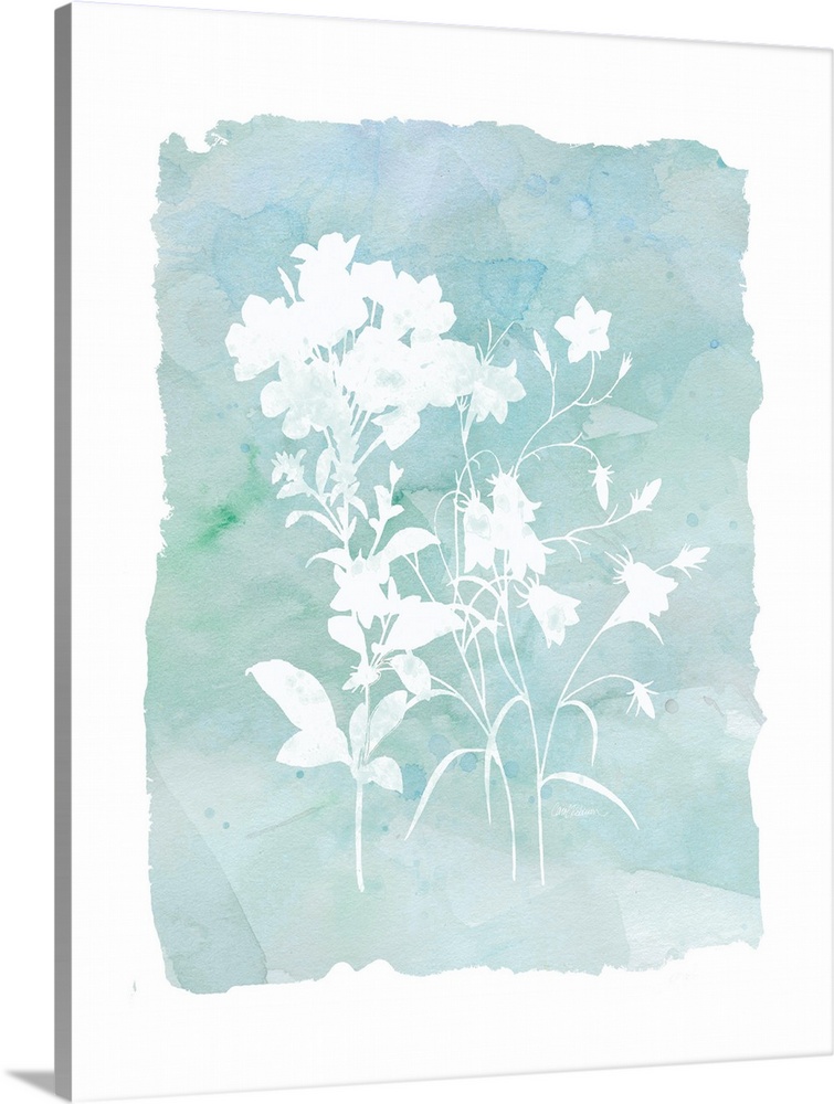 A watercolor painting with white silhouettes of flowers and a blue-green background.