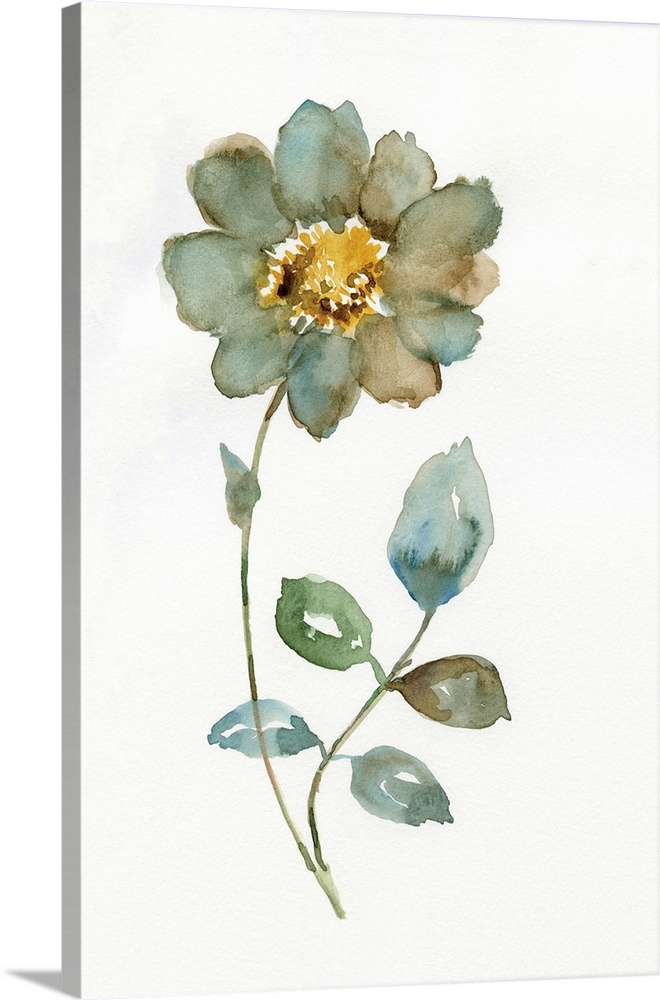 Watercolor painted flowers in shades of blue, green, and yellow on a solid white background.
