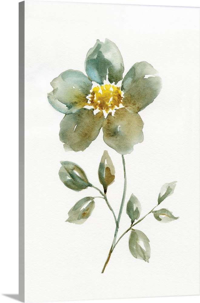 Watercolor painted flowers in shades of blue, green, and yellow on a solid white background.