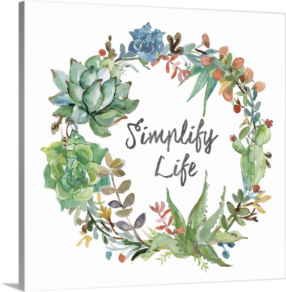 Square watercolor painting of a wreath made out of succulents and colorful leaves with the phrase "Simplify Life" written ...