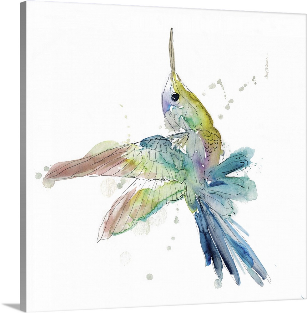 A watercolor painting of a colorful hummingbird.