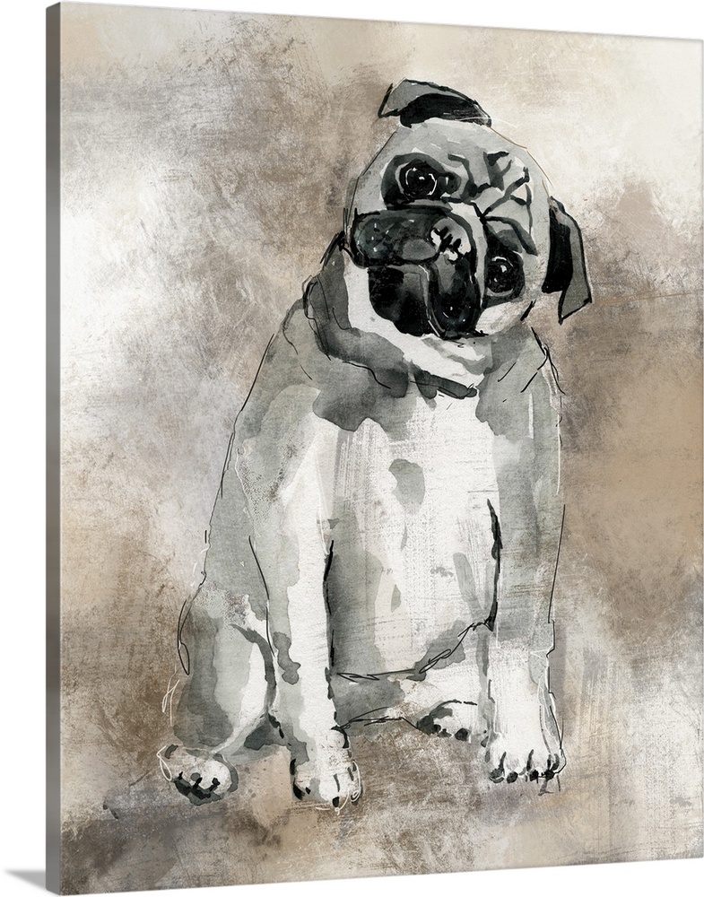 Watercolor painting of a cute pug in grey, black, and white tones on a mixed neutral colored background.