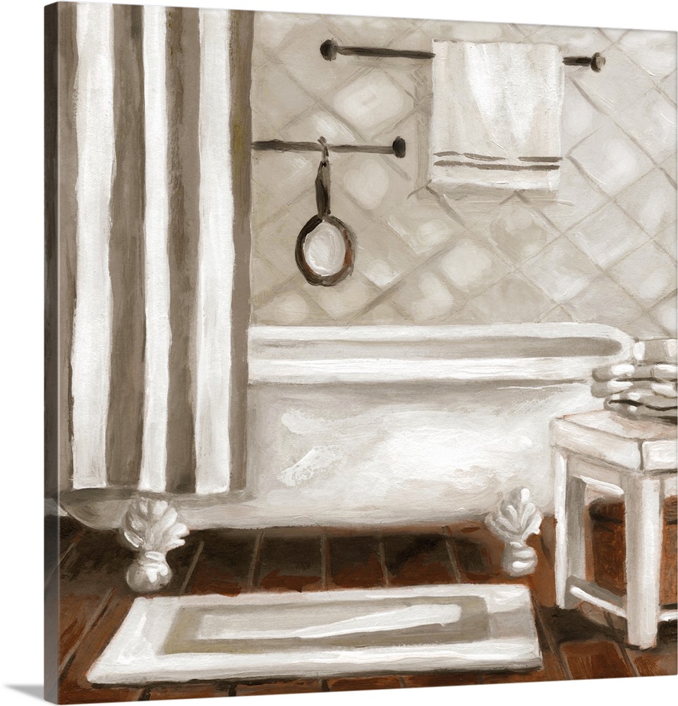 Square painting of a beautiful claw foot tub in neutral colors.