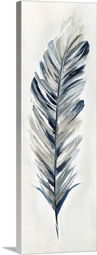 Panel painting of a feather made with shades of blue, white, and gray.