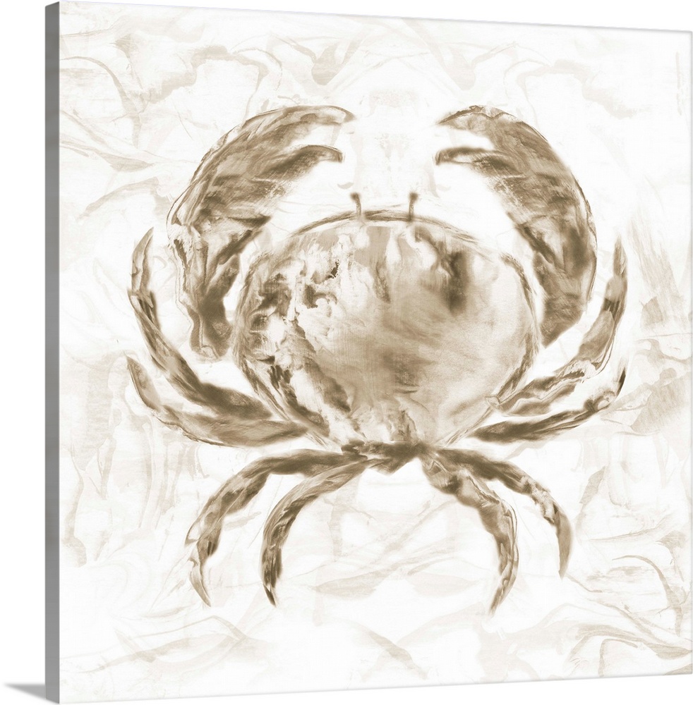 Square beach themed painting of a crab in neutral brown tones with a marbled finish and background.