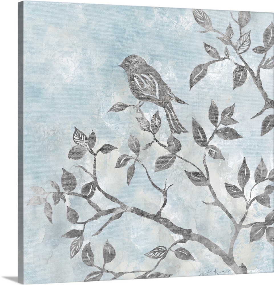 Contemporary square painting of silver silhouettes of a bird and tree branches with a light blue and white background.