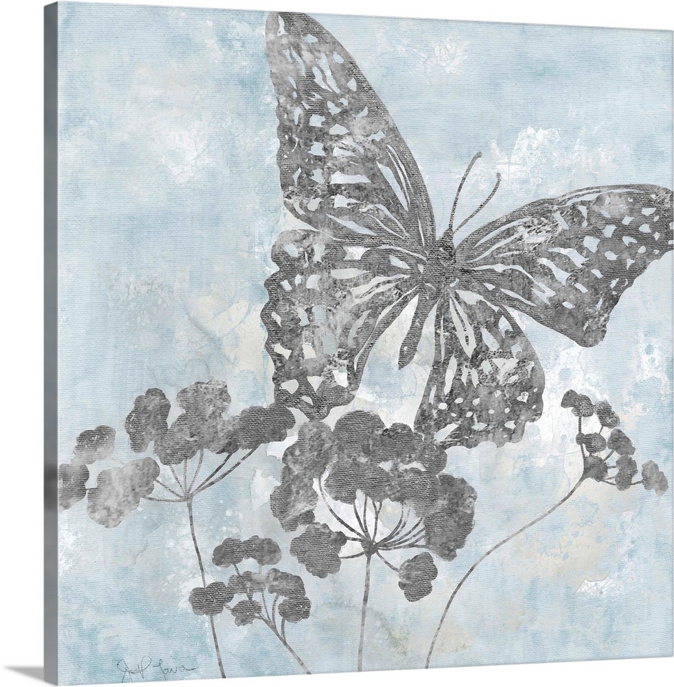 Contemporary square painting of silver silhouettes of a butterfly and flowers with a light blue and white background.