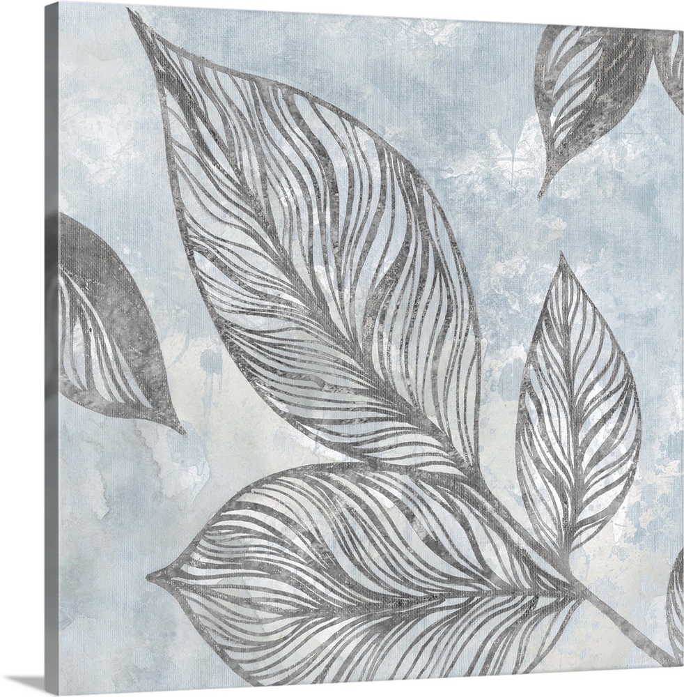 Contemporary square painting of silver silhouettes of leaves with a light blue and white background.