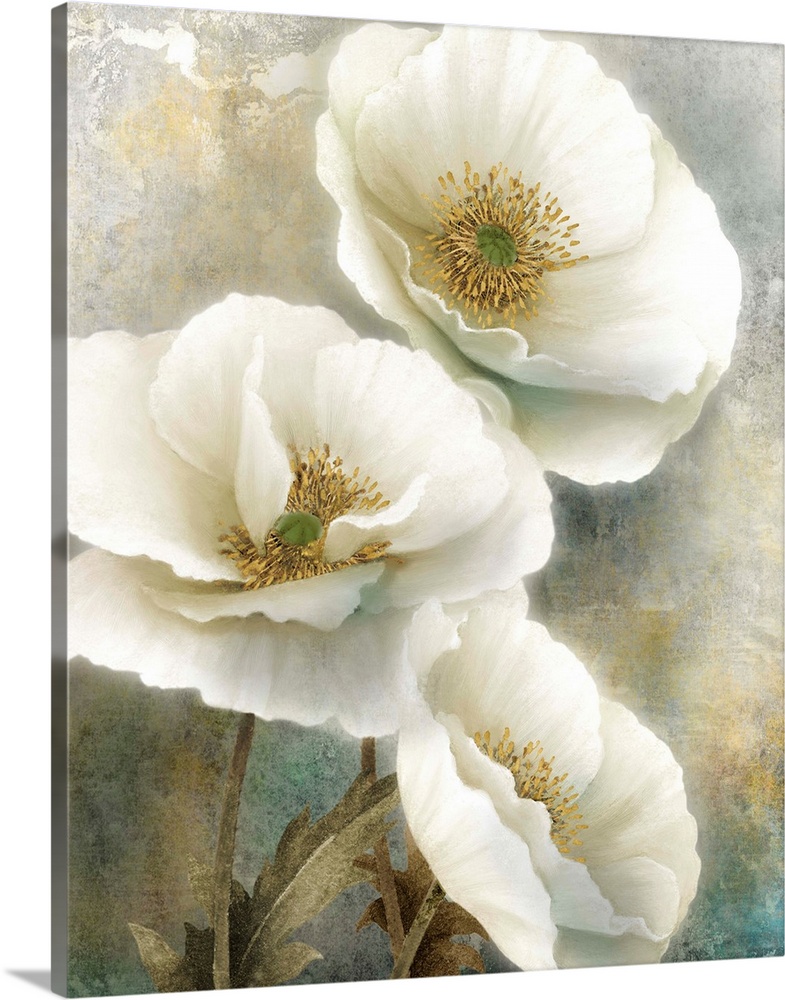 Contemporary painting of three white poppy flowers with gold centers, stems, and leaves.