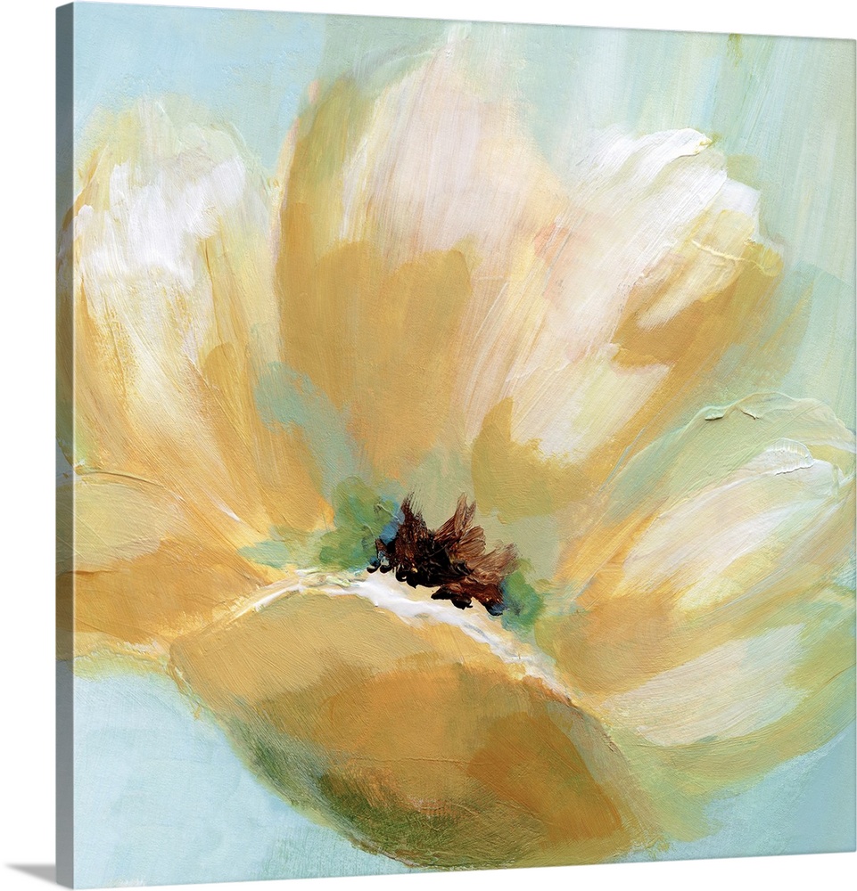 Square painting of a yellow flower with cream highlights on a light blue and green background.