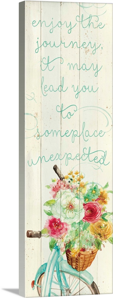 "Enjoy the Journey, It May Lead You to Someplace Unexpected" written in blue on a faux wood background with an illustratio...