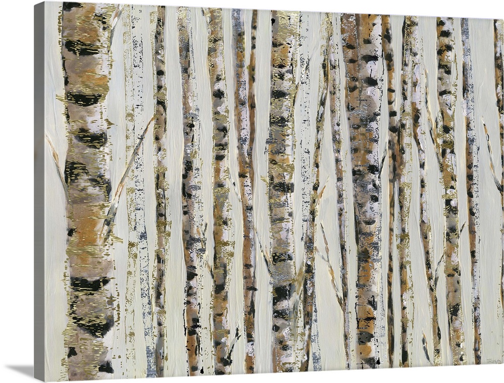 A contemporary abstract painting of Birch trees on a cream colored background and sparkly gold texture throughout.