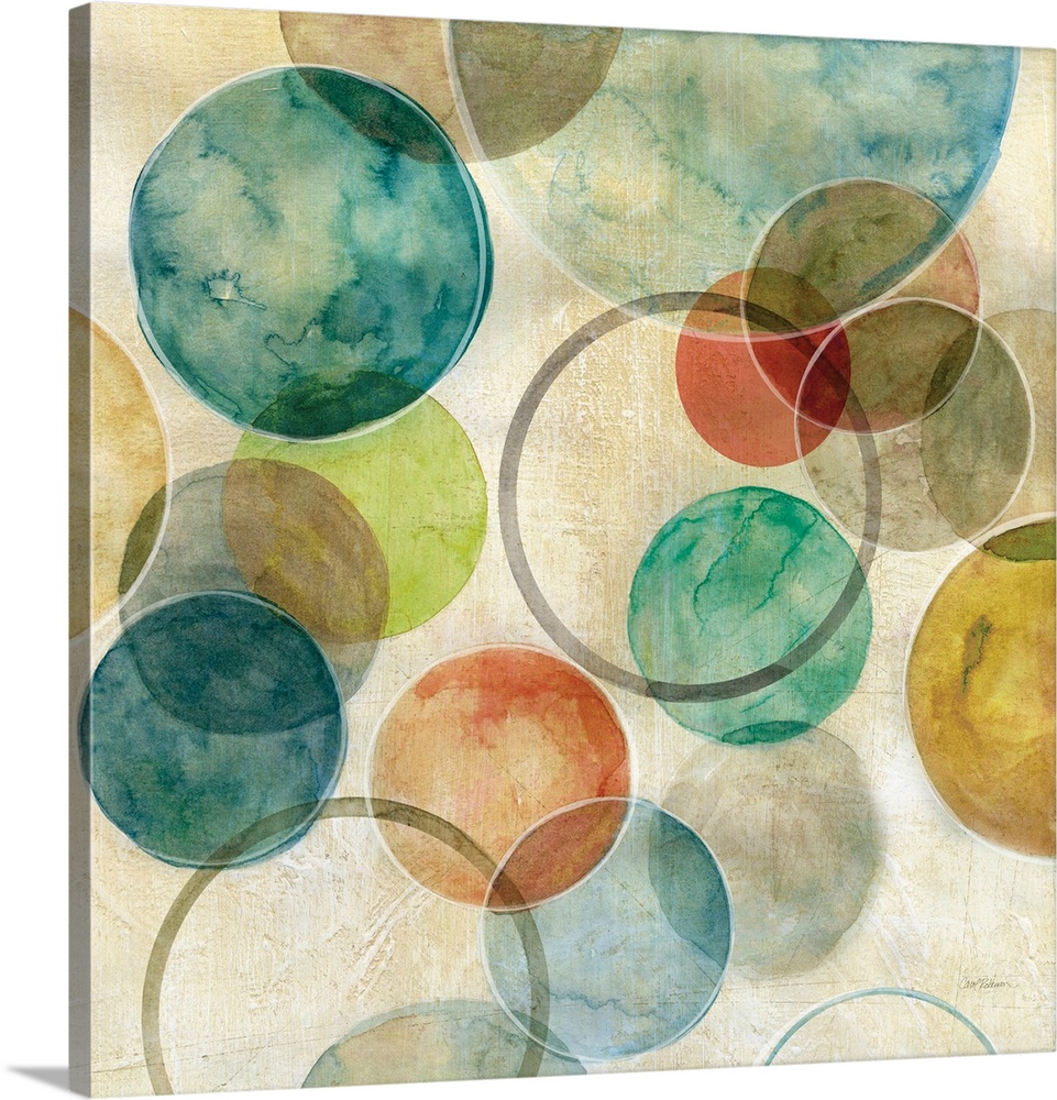 A contemporary abstract painting of various colored circles on canvas.