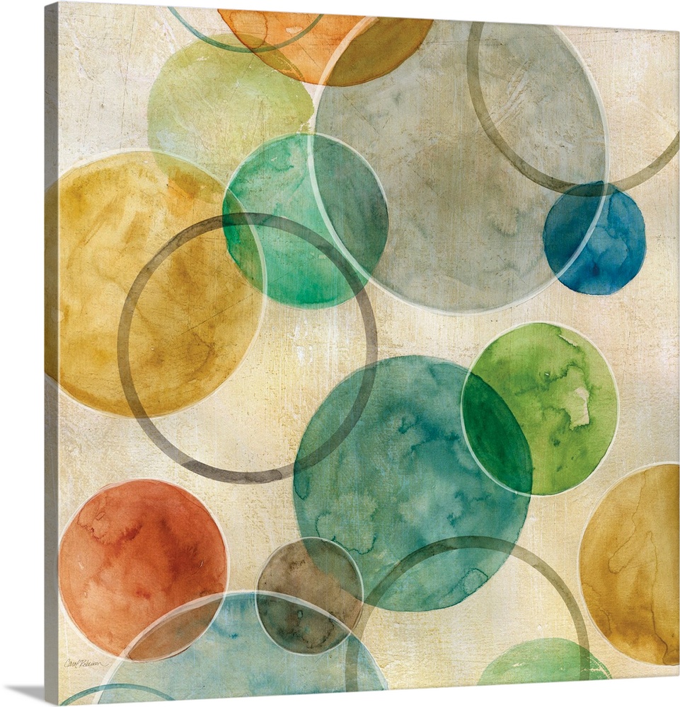 A contemporary abstract painting of various colored circles on canvas.