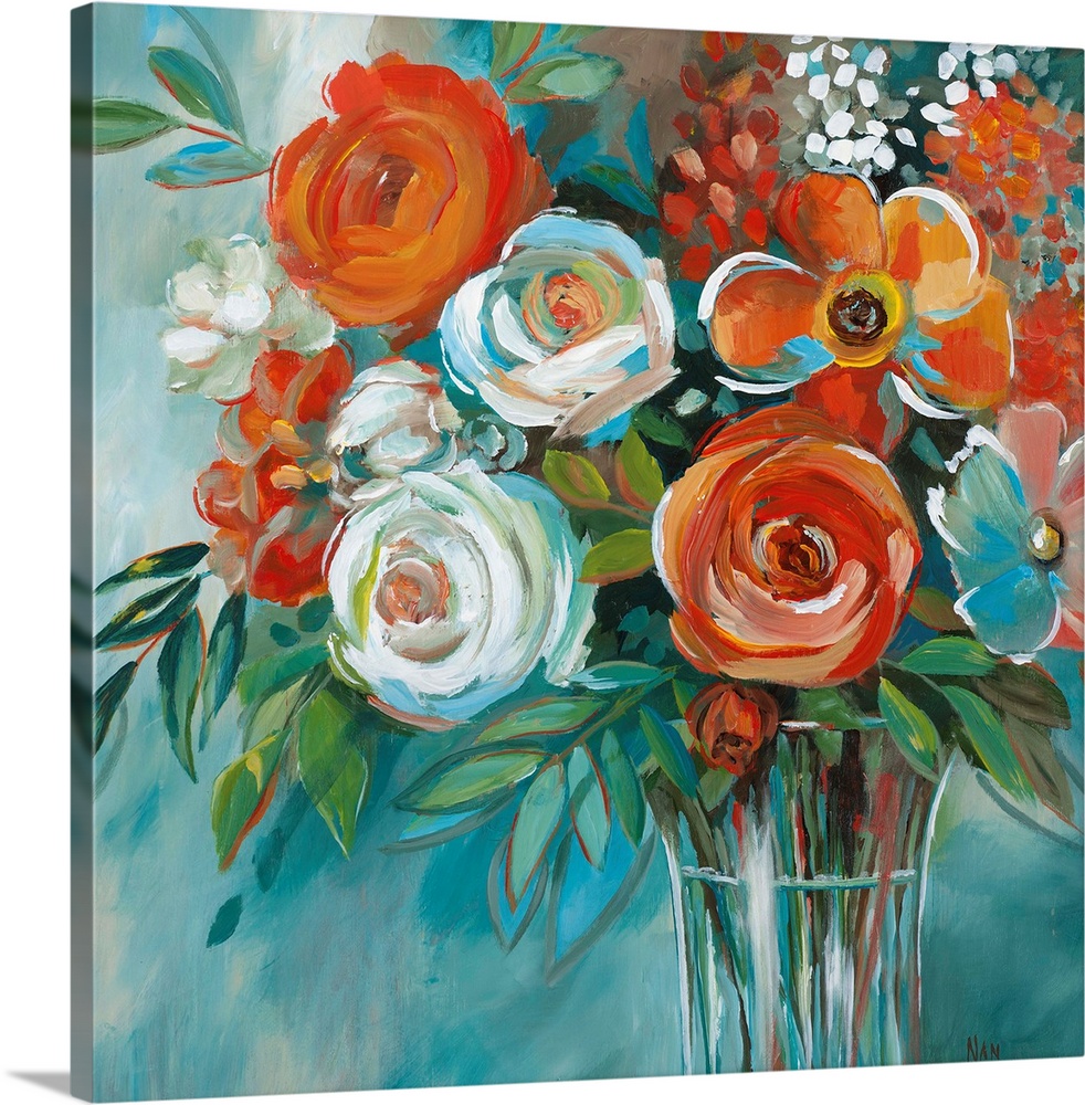Contemporary painting of red flowers in a glass vase.