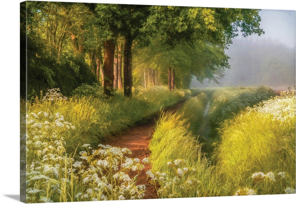 A photo with a semblance of a painting displays a hidden pathway in a meadow during spring.
