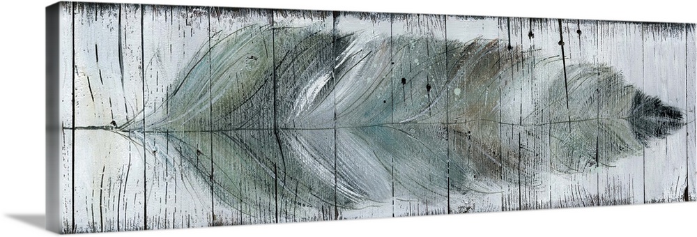 A horizontal painting of a cool tone, blue and gray feather with a white background and dark trim painted on wood.