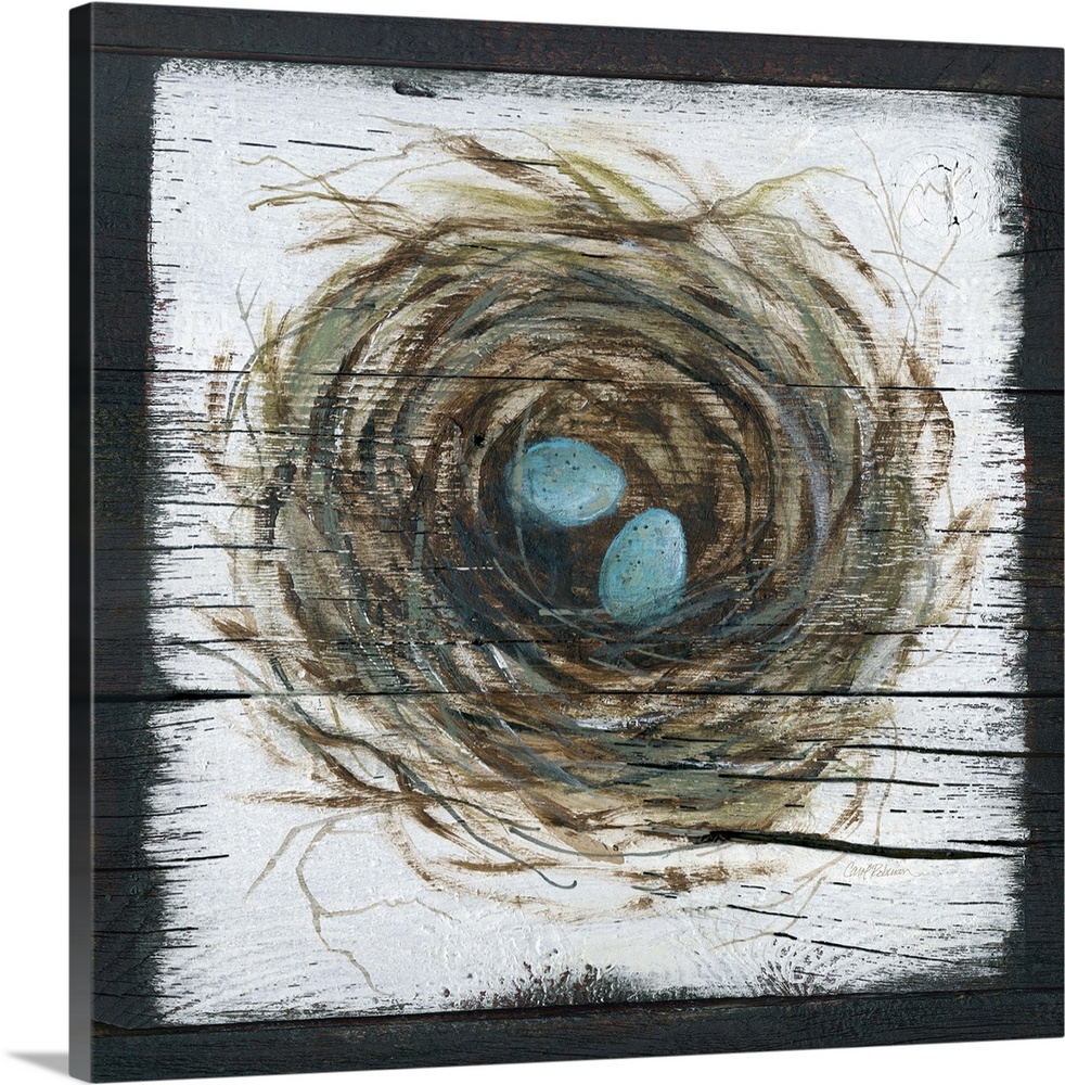 A wooden painting of a bird's nest with two eggs inside.