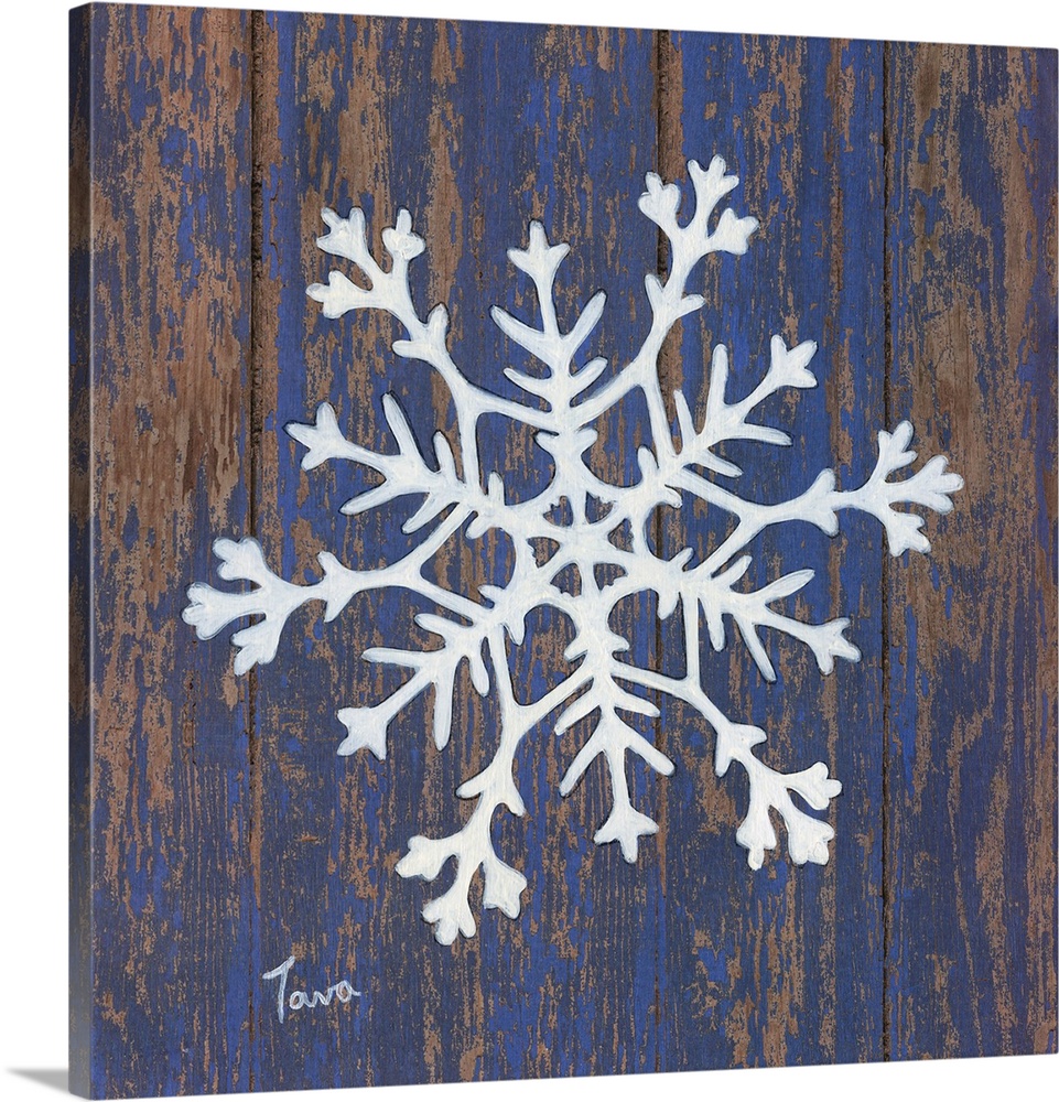 A decorative painting of a white snowflake on a blue, aged wooden background.