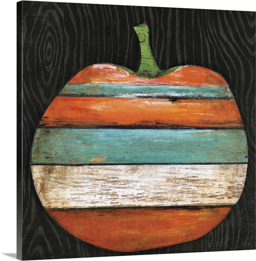 A wood painting of an orange, teal, black, and white striped pumpkin on a black background.
