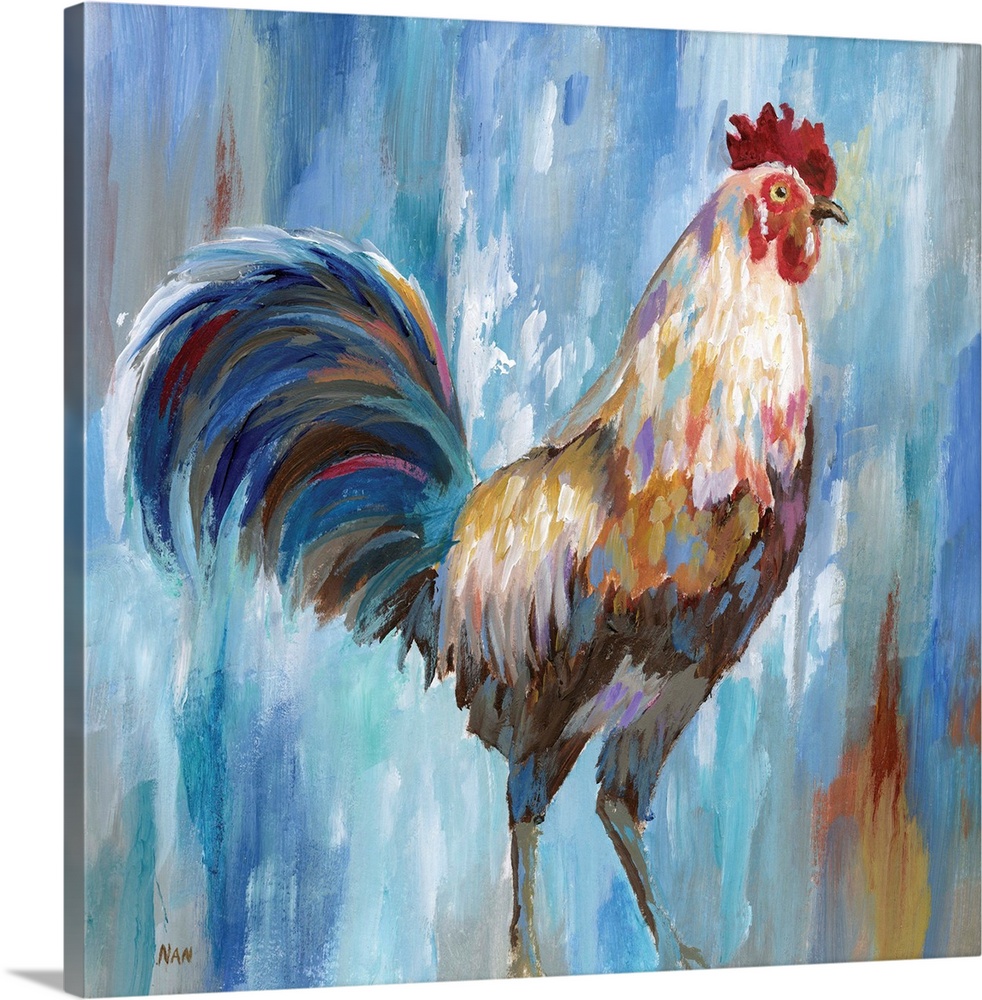Contemporary portrait of a proud rooster with a fancy tail.