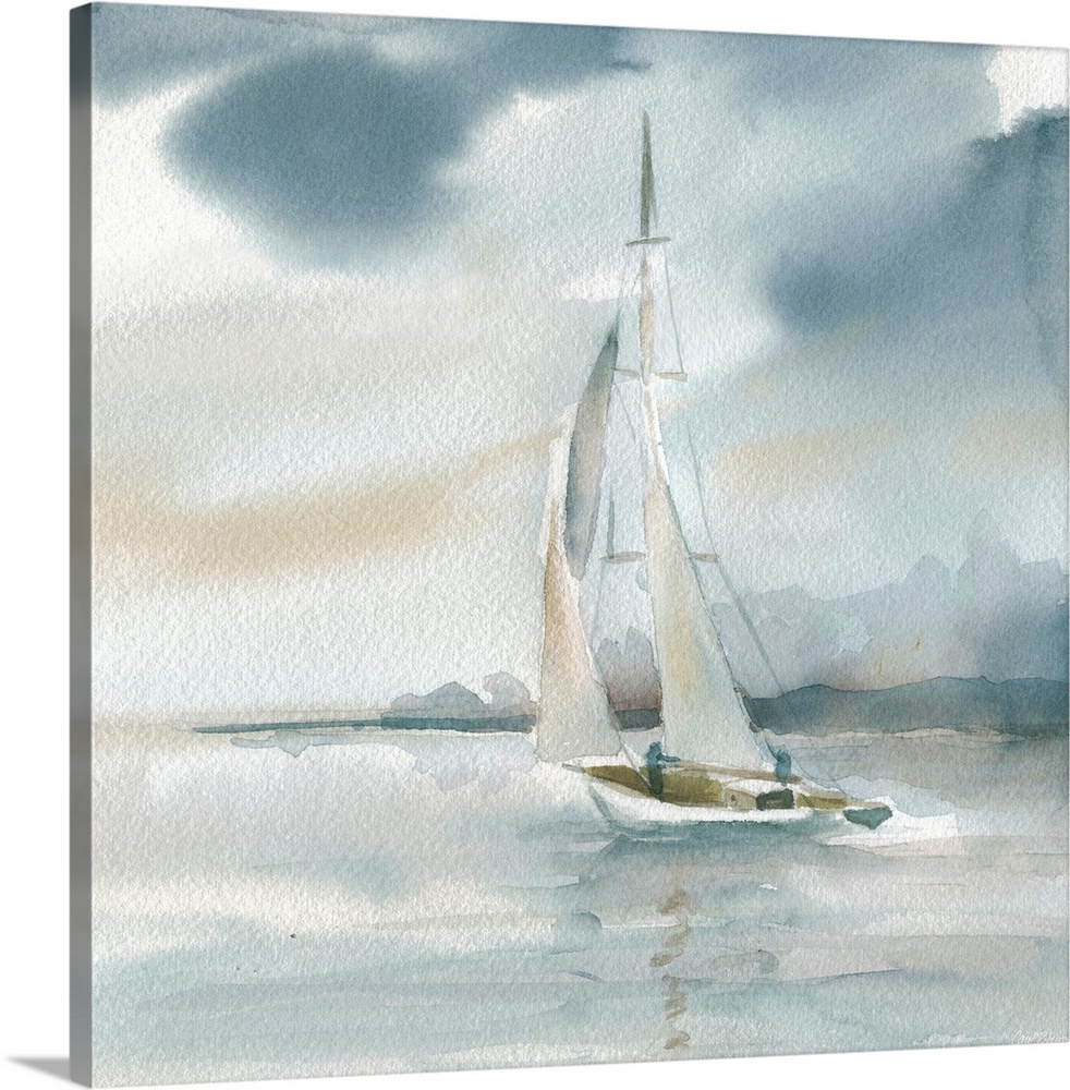 Square watercolor painting of a sailboat on the ocean in shades of blue and beige.
