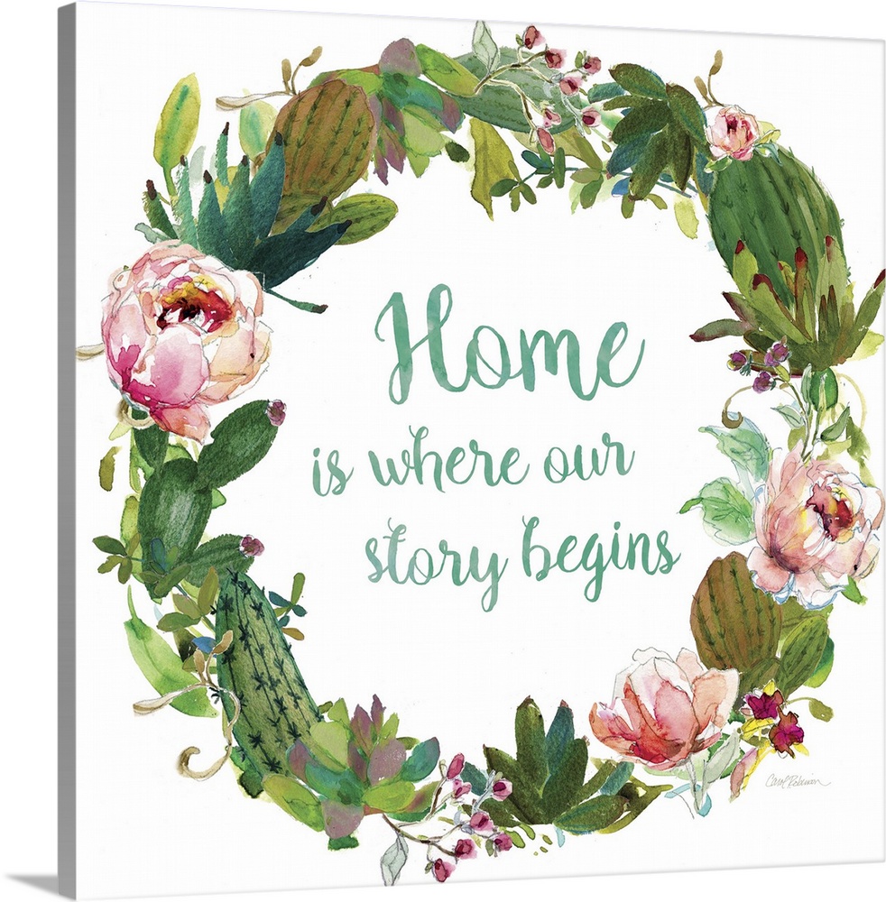 Square watercolor painting with a wreath made out of flowers and succulents and the phrase "Home is Where Our Story Begins...