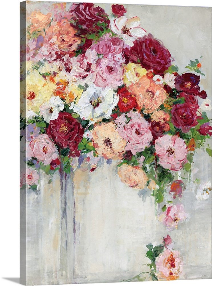 Vertical painting of a colorful flower arrangement on a gray toned background.
